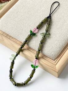 粉色花卉元素 1 件装 时尚创意绿色玻璃竹结手机挂绳，郁金香装饰手机挂饰，适合相机包、日常佩戴和春季购物礼物 - 彩色 - 查看 8