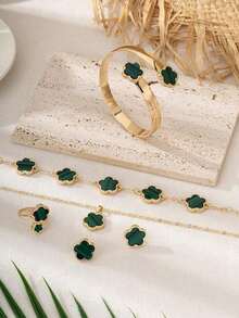 1 Set Women Jewelry: 1pc Lucky Four-Leaf Clover Pendant Necklace, 1pc Bracelet, 1 Pair Earrings, 1pc Ring, 1pc Bangle - 棕色 - 查看 4