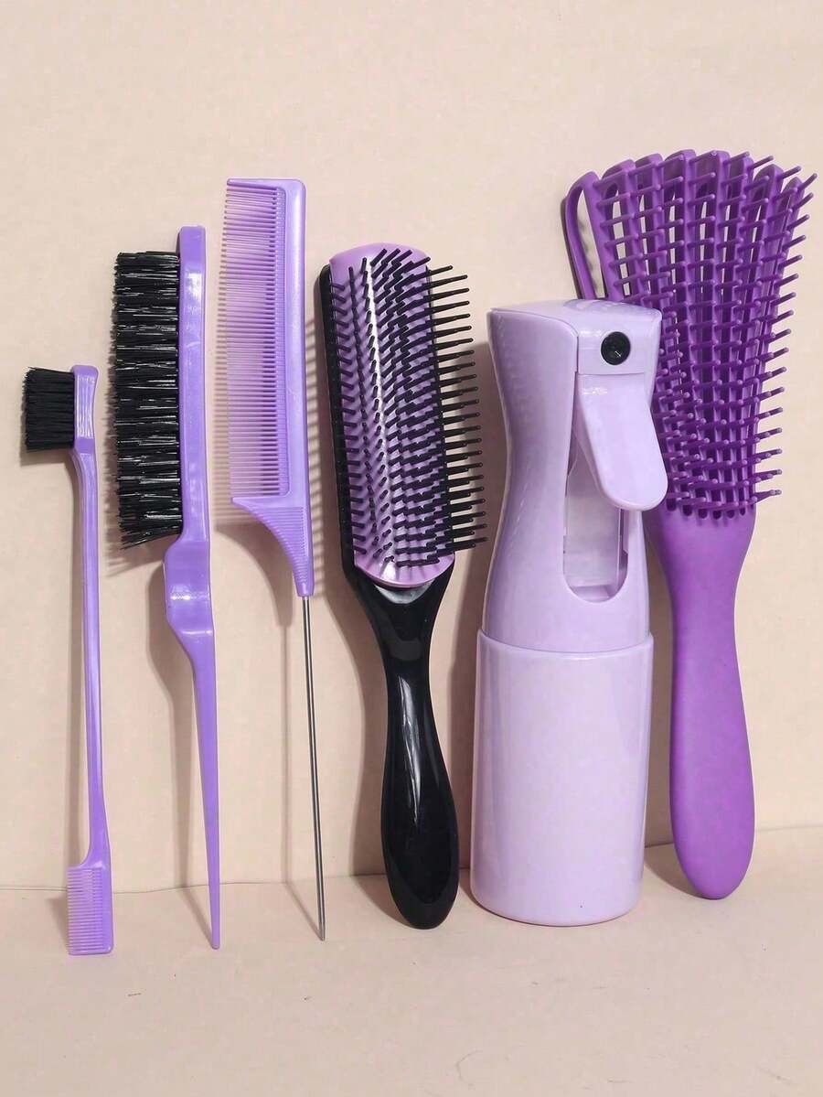 5件套专业美发沙龙工具套装 - 头皮按摩梳、柔韧梳、通风梳和造型喷雾瓶 - 彩色 - 查看 1