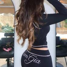 Angelica Casual Graphic Print Solid Color Two Piece Set For Women Long Sleeve Tops & Bodycon Pants Going Out Gym Outfits - màu đen - Xem 3