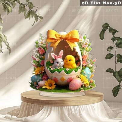 2D Flat 1pc Easter Bunny And Chick 2D Acrylic Decor - Colorful Eggshell Design With Floral Decor, Ideal For Easter Party, Tabletop, Home And Bedroom Decor - Perfect Gift For Family And Friends, No Power Needed, Holiday Tabletop Decor | Holiday Decoration | Vibrant Colors, Bunny Accessories