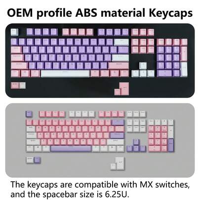Teclas de ABS con altura OEM, en proceso de inyección de doble color morado, rosa y blanco, con caracteres transparentes. Adecuado para interruptores MX. Tamaño de espacio de 6.25U para teclado mecánico. Incluye teclas pero no el teclado en sí. Viene con herramientas de reemplazo de teclas.