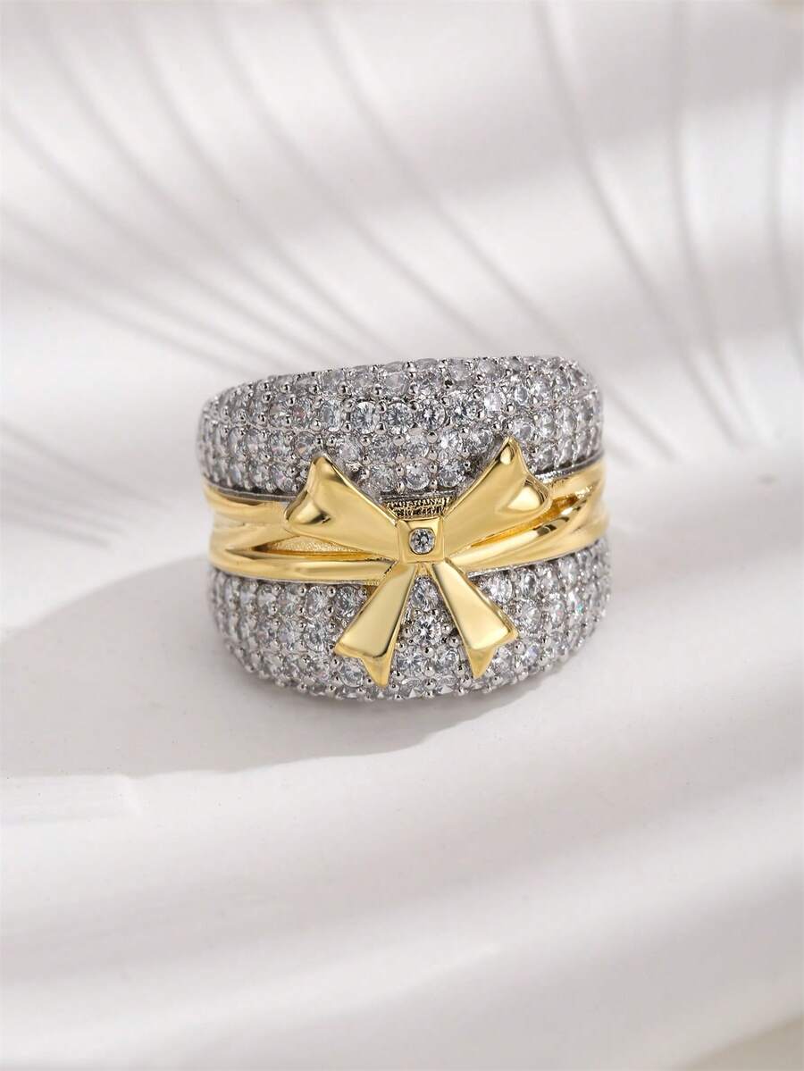 1 chiếc nhẫn mạ vàng 18K, đính đá Zirconia hình nơ, thích hợp cho nữ đeo hàng ngày. - Nhiều màu - Xem 1