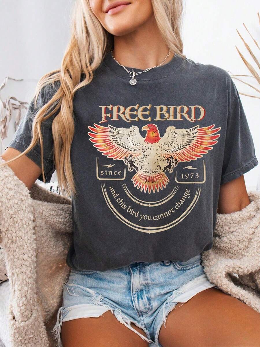 Plus-Size Colorful Cotton Gray Free Bird Pattern, Vintage Rock Band, Soft And Comfortable Fashionable Women's T-Shirt, Sizes 1XL-5XL - Grey - View 1