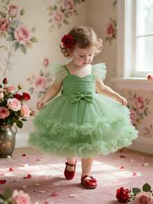 Baby Girls V-Neck Bow Ruffle Mesh Wedding Dress, Suitable For Birthday Party, Excluding Headband - Green - View 6