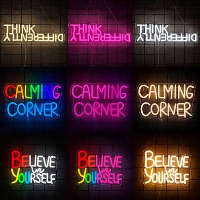 “另辟蹊径”霓虹灯招牌，“平静角落/相信自己”LED霓虹灯招牌，适用于墙面装饰，字母霓虹灯招牌，适用于教室、书房、图书馆、卧室、家居，励志名言办公室墙面艺术，USB供电，可重复使用，易于悬挂