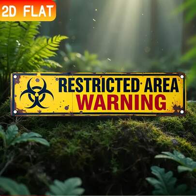 1 Stück 2D Vintage Metall Schild - 10,16 x 40,64 cm mit Biohazard Symbol und "Restricted Area Warning" Text, abgenutzt gelb und schwarz Design, geeignet für Zuhause, Büro, Bar, Rasen, perfektes Geschenk, Bürodekoration | wetterfest
