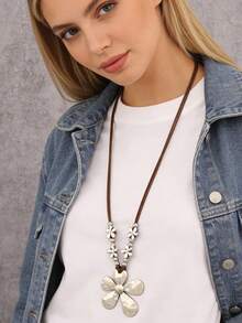 1 件简约银色不对称向日葵合金吊坠项链，可调节蜡绳项链，适合年轻女性、女友的时尚日常佩戴 - 小花朵串珠+太陽花 - 查看 6