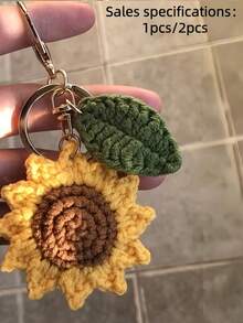 1pc/2pcs Crochet Sunflower Keychain Cute Key Ring Purse Bag Backpack Car Charm Earbud Case Accessory Women Gift - Multicolor - View 4