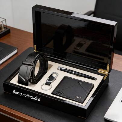男士短款钱包四件套+皮带+钥匙扣+钢笔，复古商务时尚风格，大容量卡槽，优雅现代设计，适合工作和日常使用，是生日、周年纪念日、父亲节、圣帕特里克节、复活节、毕业季、返校季送给父亲、朋友、男友或自己的完美礼物。