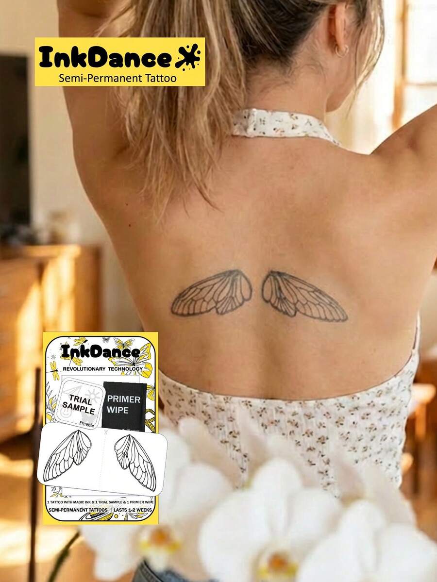 1套“空灵蝉翼”科技纹身贴纸，半永久纹身贴纸，3张一套（1张），临时纹身贴纸，持久耐用，防水，逼真纹身效果，植物基 D326 - 黑色 - 查看 1