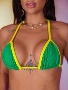 Kickoff Green And Yellow Triangle Bikini Set With Push-Up Micro Shorts - 黃色 - 查看 4
