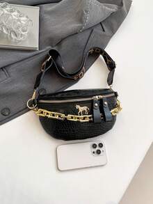 Women Fashion Fanny Pack Shoulder Bags Thick Metal Chain Waist Bags Crocodile Pattern Chest Bags - Black - View 3