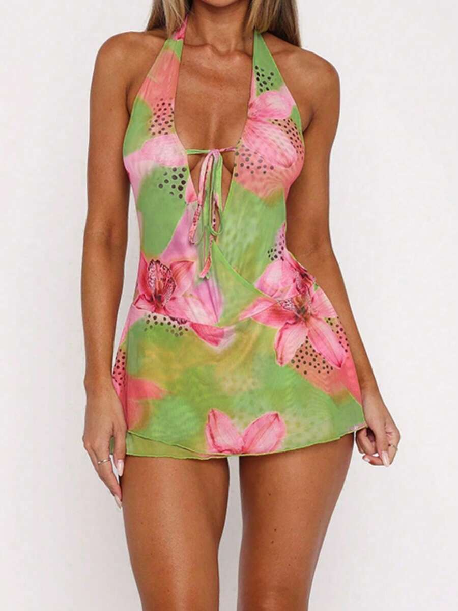 性感露背印花度假连衣裙，网纱透视深V吊带沙滩迷你裙，派对礼服，鸡尾酒会婚纱