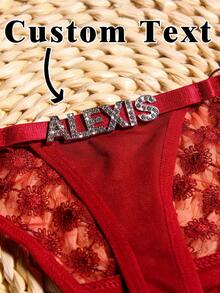 Personalized Thong With Rhinestone Words Custom Name Sexy Lace Underwear For Women Funny Crystal Letter G-String Panties Bikini T-Back Personalized Gift For Girlfriend Wife Romantic Anniversary Birthday Valentine's Day Bridal Shower Honeymoon - Hot Pink - View 2