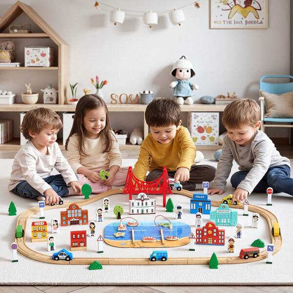 Juego de Tren de Madera con Pistas, 113 Piezas con Accesorios, Edificios Urbanos Juego de Pesca, Set Educativo, Diseños Múltiples, Juguete Compatible con Marcas Principales para Niños 3 a 8 Años