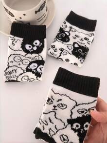 3/6双装 女士薄款卡通黑猫图案复古学院风短袜，适合校园日常穿着，春夏款 - 彩色 - 查看 6