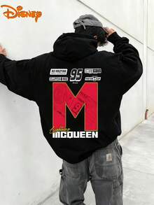 Disney Men's Casual Hoodie, Lightning McQueen "M" Letter & Sponsor Print, Racing Style, Relaxed Fit, Ideal For Disney Fans & Daily Wear - 黑色 - 查看 1