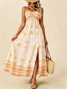Bohemian Style Beach Dress, High-Quality Summer Maxi Dress With Spaghetti Straps For Women's Vacation - 黃色 - 查看 8