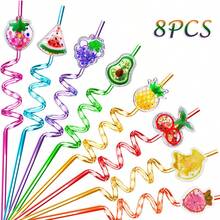 WJLLMYBAKING 8pcs Reusable Plastic Fruit Shaped Spiral Straws, Decoration For Birthday Party, Cocktail And Beverage - View 8