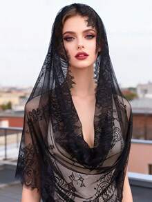 1pc Bridal Lace Veil With Floral Edge, Hollow Out Shoulder Cape - Black - View 1