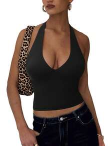 OMKAGI  Women's V-Neck Collarless Short-Sleeved Tank Top Y2K  Streetwear Style Top See-Through Top With Exposed Neckline - 黑色 - 查看 8