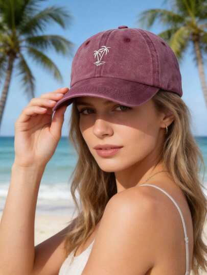 1pc Women Embroidered Palm Tree Adjustable Baseball Cap,Unisex Outdoor UV Protection Sun Hat For Spring SummerTravel Beach Vacation,Daily Wear,Cycling