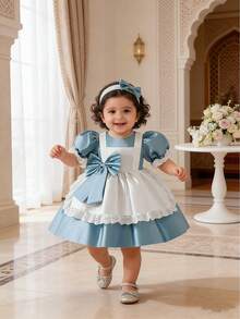 女童公主裙，泡泡袖派对礼服，女婴表演服装 - 藍色 - 查看 2