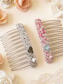 1pc/2pcs French Countryside Style Crystal Heart & Flower Hair Comb, New Luxury Elegant Bangs Clip Hair Accessory - Multicolor - View 5