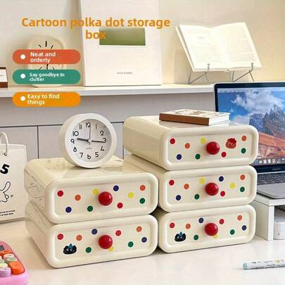 1 pieza Caja de almacenamiento de escritorio de plástico crema, diseño de lunares de colores, caja organizadora de gran capacidad y apilable, adecuada para oficina, dormitorio, escritorio, almacenamiento de múltiples capas que ahorra espacio