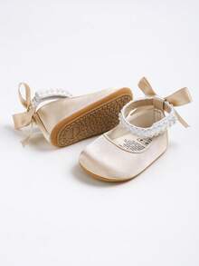 Newborn Baby Girls' Mary Jane Flats, Bow Decor, Non-Slip Soft Bottom PU Leather Infant Prewalker Shoes, Pearl Ribbon - Champagne - View 6