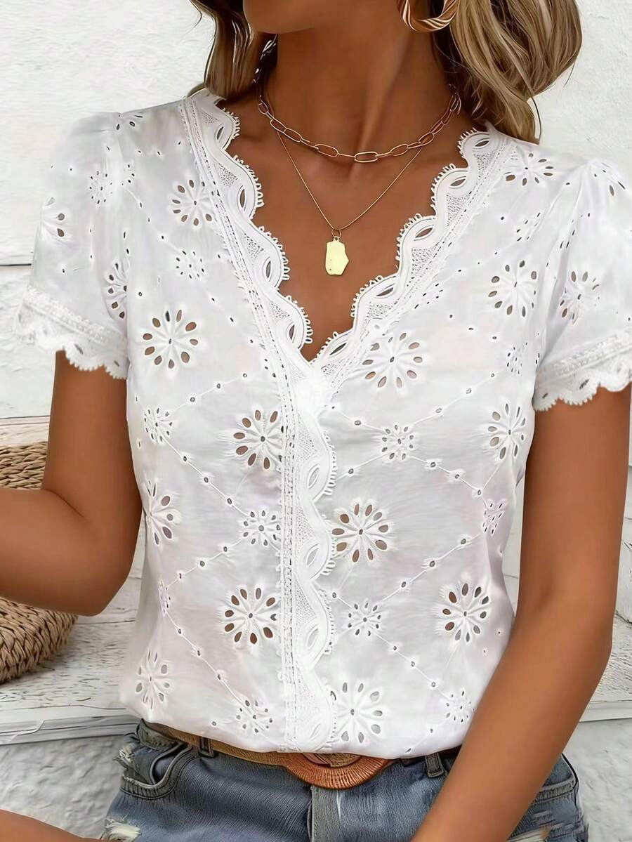 Women's Romantic Hollow V-Neck Short Sleeve Top, Casual Chic Versatile Elegant Blouse White Summer - White - View 1