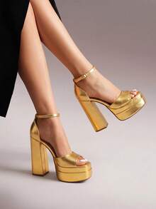 2026 New Platform Chunky Ultra High Heeled Sandals, Sexy Peep Toe Adjustable Ankle Strap Heeled Sandals Suitable For Prom Night Party Wedding And Summer Spring Wearing - Gold - View 2