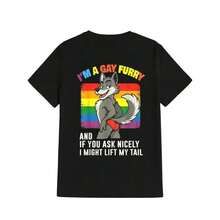 Cotton I'm A Gay Furry Pride Month Gay LGBTQ Rainbow Fox Furry T-Shirt Casual Streetwear - 黑色 - 查看 2