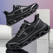 Women's Casual Sports Shoes, Black Letter & Geometric Pattern, Sports Knit Lace-Up, Lightweight Elastic Comfortable Outsole, Tennis Shoes For Vacation, Outdoor, All Seasons, Campus, Running - Black - View 9