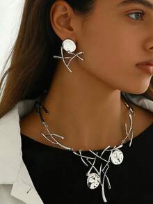 3pcs/Set European And American Minimalist Retro Geometric Necklace Set, Personalized Exaggerated Necklace Suit For Daily Wear And Party - Silver - View 3