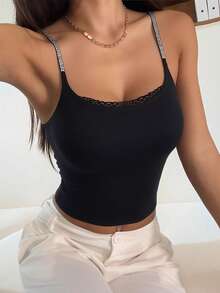Áo hai dây ren, áo lót không tay có thể mặc ngoài với miếng độn ngực. - màu đen - Xem 3