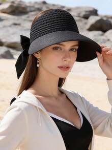 1pc Women's Solid Color Bow Tie Bucket Hat, Wide Brim Sun Hat, Suitable For Spring And Summer Daily Use - A - View 2