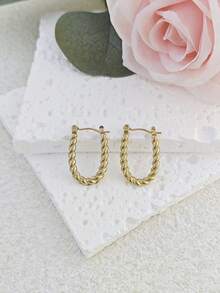 Stainless Steel Earrings Hoops For Women Hoop Earrings Set For Girls Women Gold Jewelry Earrings Chunky Statement C Shape Hoop Earrings Vintage Geometric Thick Stud Earrings - Gold - View 10