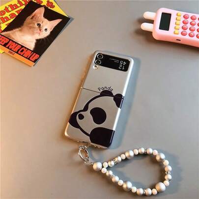 可爱熊猫脸折叠手机壳，带链条，适用于三星 Z Flip3/4/5/6/7，萌趣折叠手机保护套