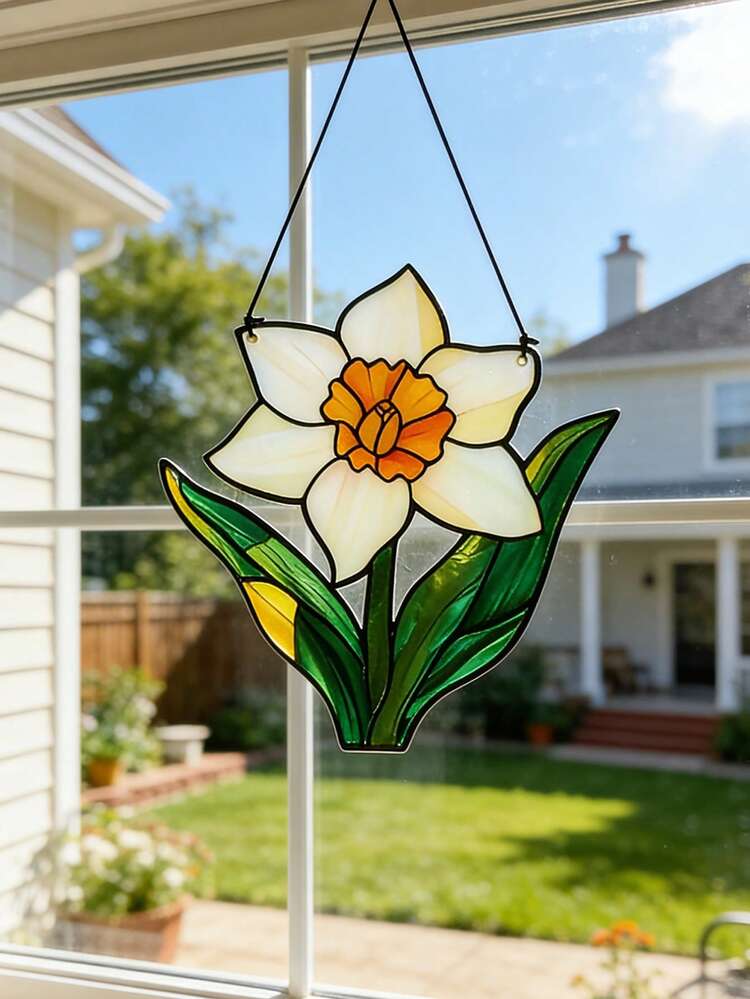 1pc 2D Acrylic Daffodil Suncatcher, Acrylic Flat Printing Window Hanging Ornament, White Narcissus Light Catcher, Window Decor For Home, Garden, Patio, Bedroom, Porch, Housewarming Gift, Nature Inspired Decor, Boho Home Accent, Spiritual Zen Decor, Gift For Mom, Grandma, Friend, Meditation Room Accent, Window Art - Multicolor - View 5