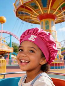 1顶儿童帽子，A-Z字母图案，玫瑰红色弹力宽檐丝滑缎面睡帽，带防滑内带 - 安全贴合，保护女孩头发，超柔软透气设计 - 玫紅色 - 查看 5