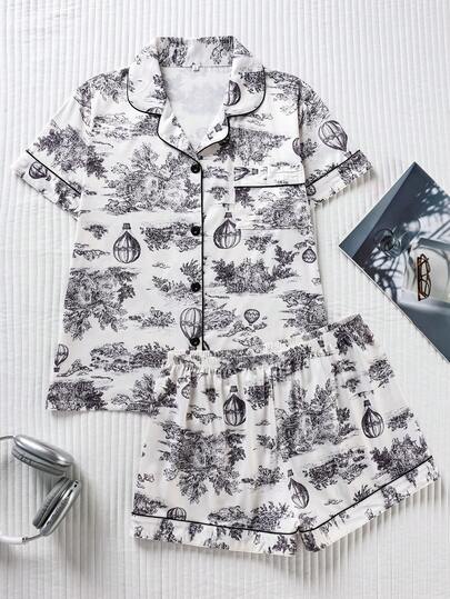 两件套复古水墨风景印花女士睡衣，采用优质亲肤面料，光滑舒适，宽松方便的纽扣短袖上衣和短裤，优雅女士睡衣套装