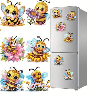 6pcs Diamond Art Fridge Magnets, Bee Diamond Painting Decor, DIY Diamond Painting Magnet Kit For DIY Crafts, Gifts, Fridge, Mailbox Decoration