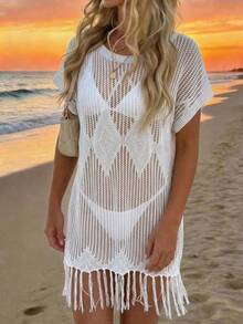 白色短袖圆领针织沙滩罩衫连衣裙，带流苏，女款，适合夏季沙滩度假 - 白色 - 查看 2