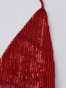 Women Glitter Crop Halter Tops Summer  Sparkling Sequins Tie Up Backless Shirts For Streetwear Grunge Clothes - Đỏ - Xem 8