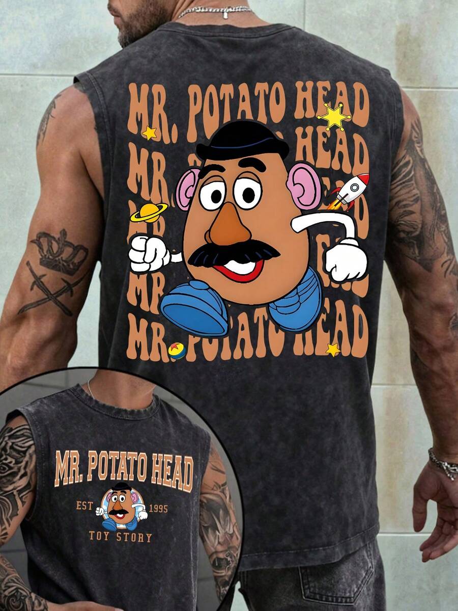 Disney Toy Story Mr. Potato Head 230GSM Vintage Washed Streetwear Reversible Casual Tank Top - 黑色 - 查看 1