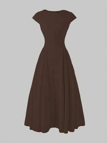 优雅简约时尚休闲复古喇叭短袖纯色褶皱拉链女士长连衣裙，适合晚宴、度假、上学、办公、海滩、夏季等场合。 - 棕色 - 查看 7
