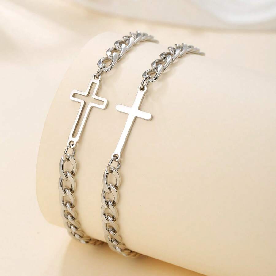 Stainless Steel Cross Couple Bracelet Set, Valentine's Day Jewelry - As Shown In the Figure - View 1