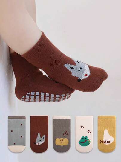 5 Pairs Kids Floor Socks, Dotted Socks, Cute Cartoon Animal Pattern Socks, Suitable For Infants Crawling, Playground, Running, All Seasons